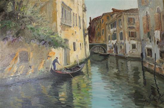 20C Italian School, oil on canvas, Venetian canal scene, indistinctly signed